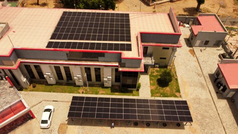 Aerial view of a completed commercial solar installation by Illamab Energy Solutions