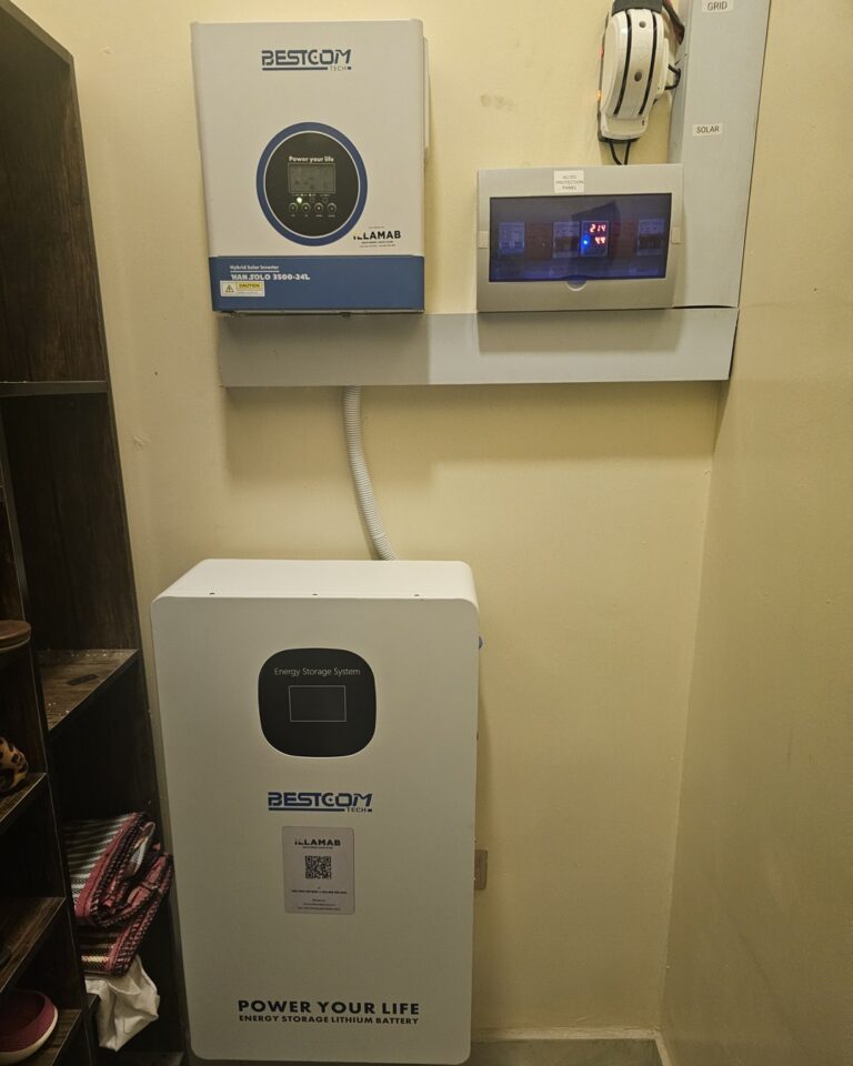 Completed wall-mounted Bestcom hybrid inverter, lithium battery and grid/solar protection panel installed by Illamab Energy Solutions